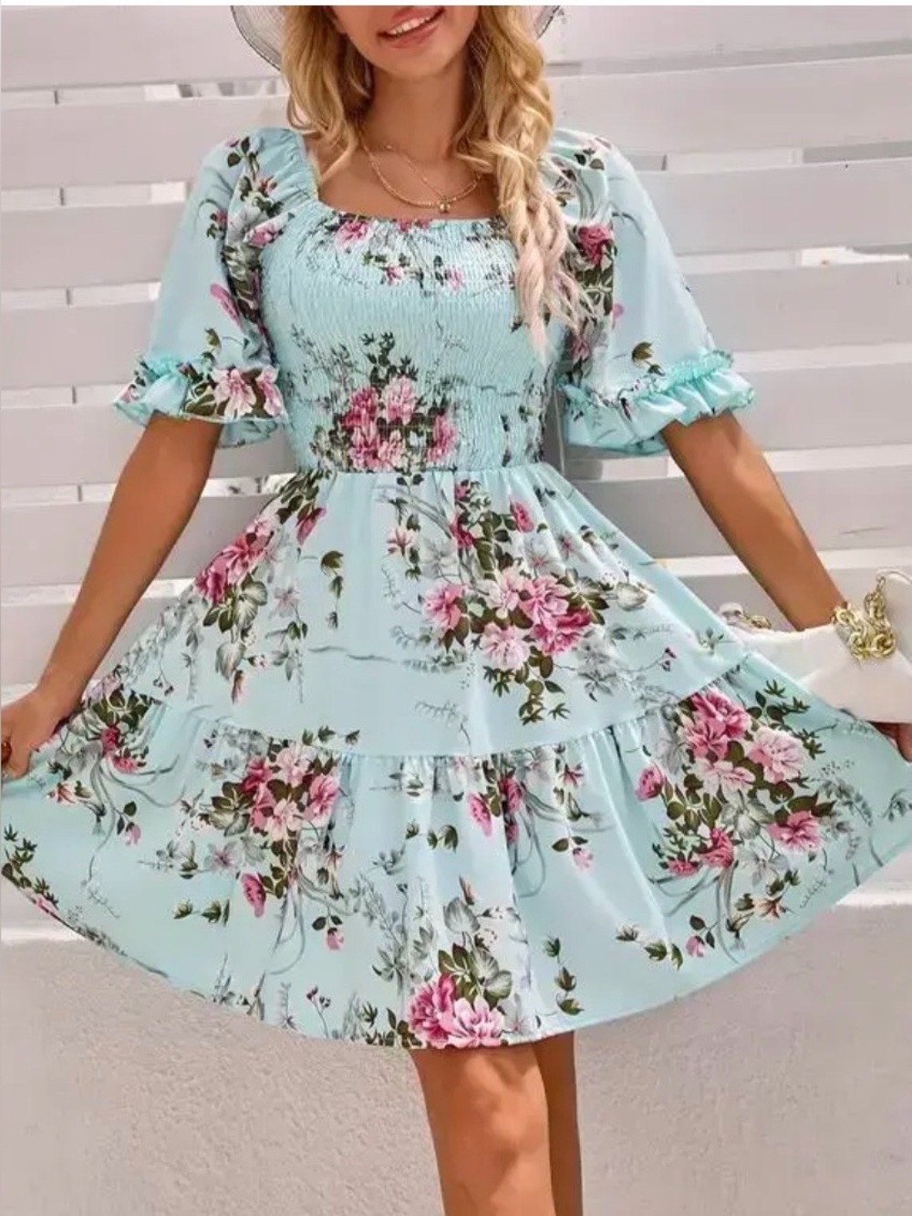 Mint Floral Smocked Puff Sleeve Dress